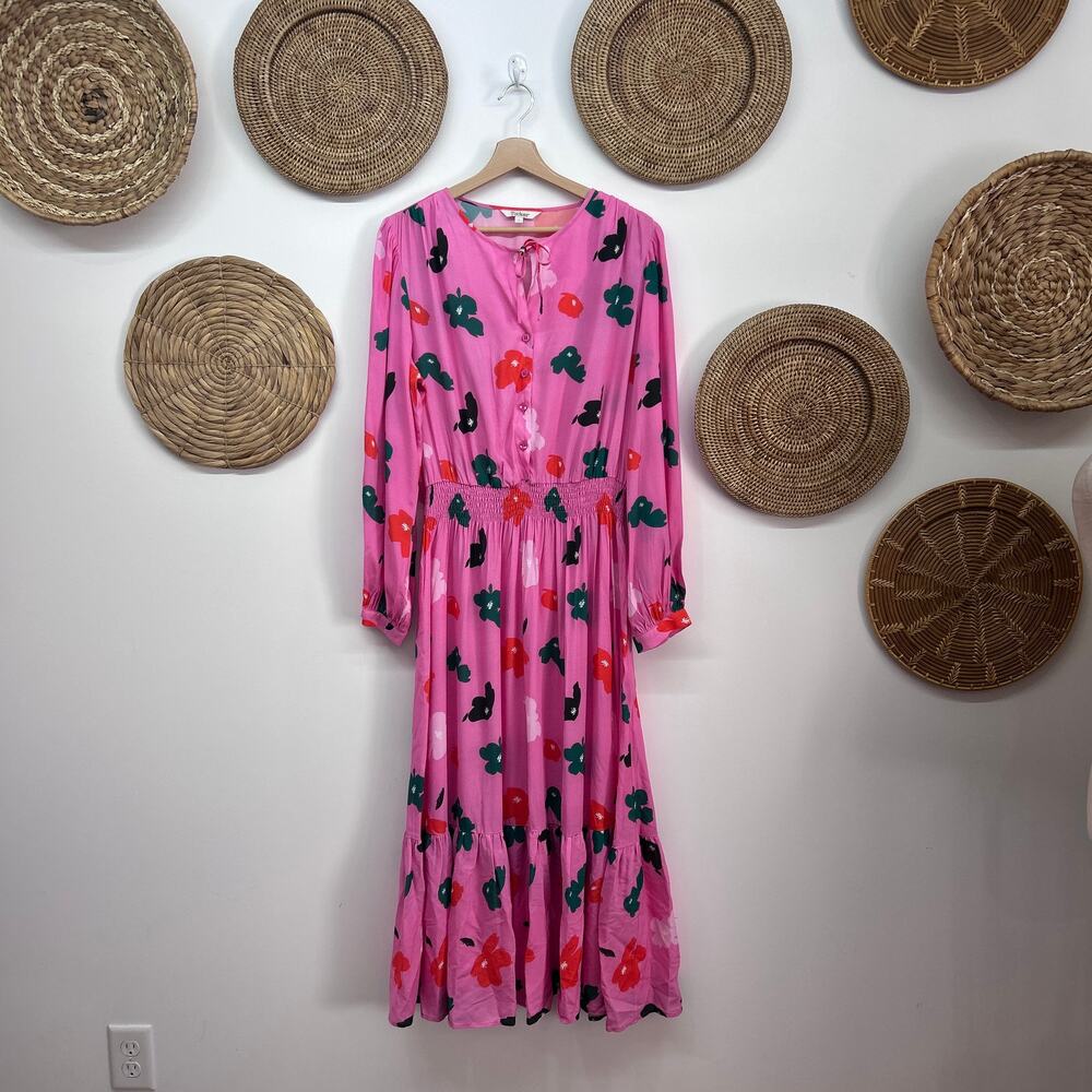 $425 Tucker Midi Juliette Dress Large Pink Long Sleeve Button Tie Smocked